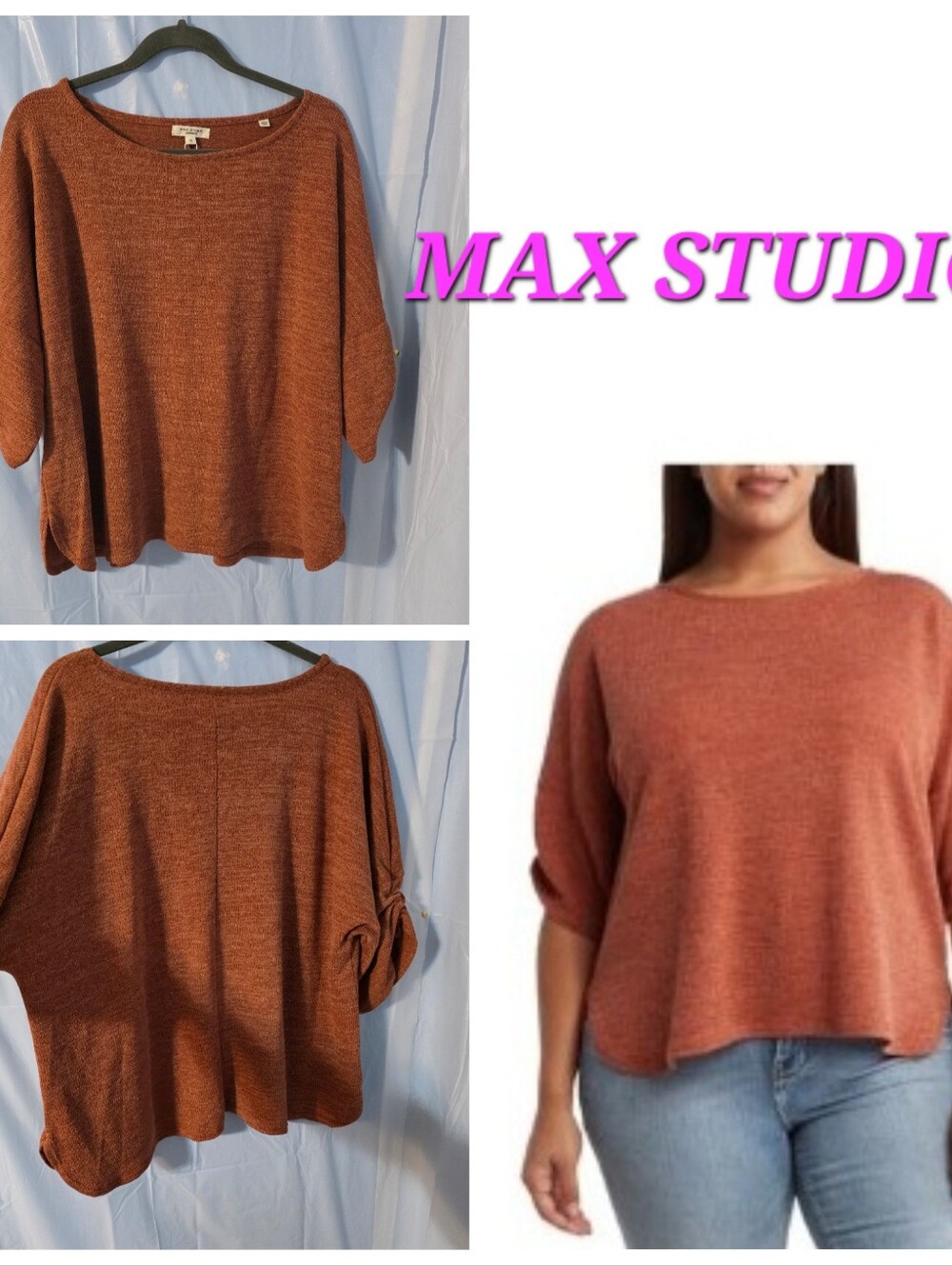 Max Studio Ruched Sleeves Rust Oramge Knit Boatneck Sweater